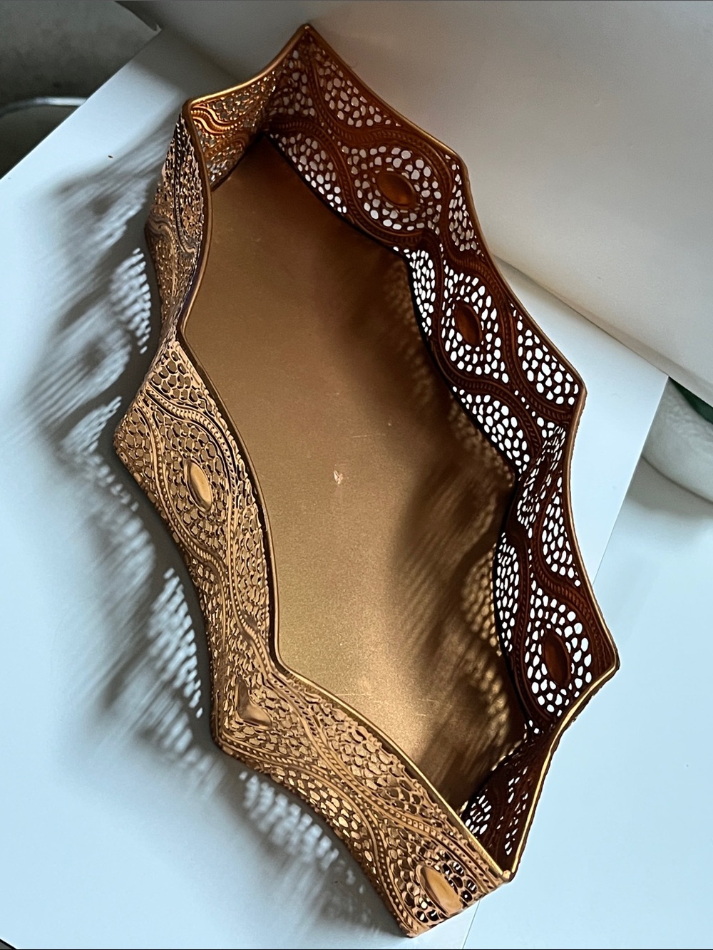 Hammered copper unique tray , copper cut out.